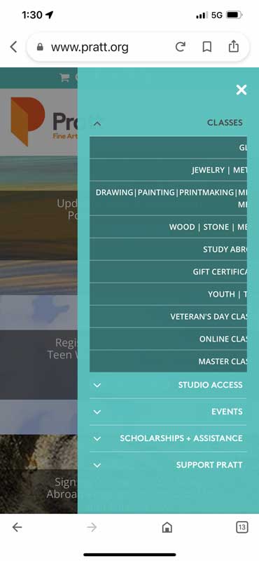 Screenshot of Pratt's mobile navigation