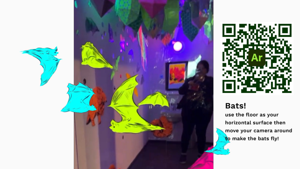Augmented reality experience where brightly colored bats fly around you